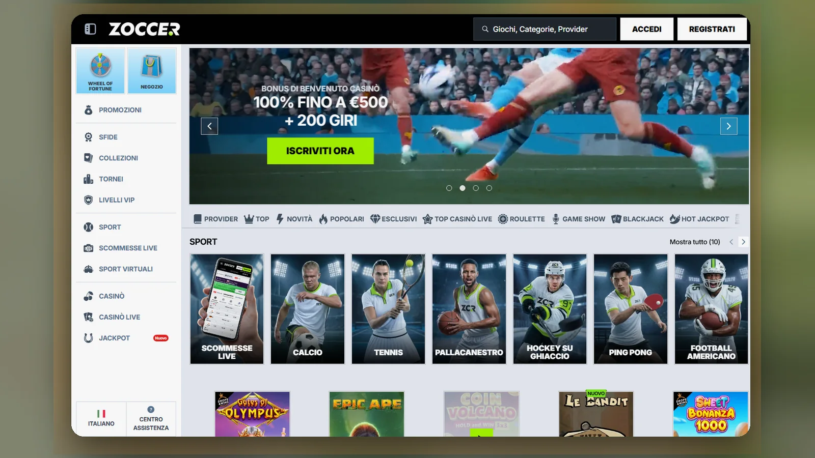 La lobby con il menu laterale (Promozioni, Sport, Casinò, Casinò live, Jackpot) e la riga delle scommesse sportive